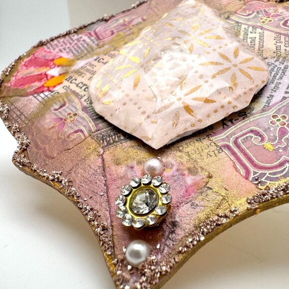 Handcrafted OOAK Collage Ornament Gold Pink Accents Pearl Rhinestone - Picture 3 of 8